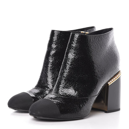 Chanel Patent Pearl Cap Toe Ankle Boots 39.5 Black 3 of 12