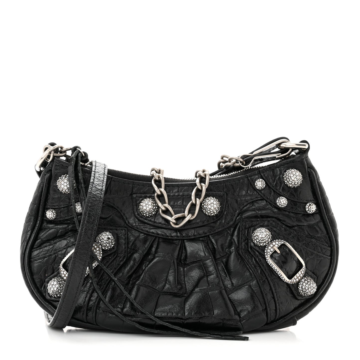 Extra Supple Calfskin Crystal Crocodile Embossed Le Cagole Mini Purse With Chain Black