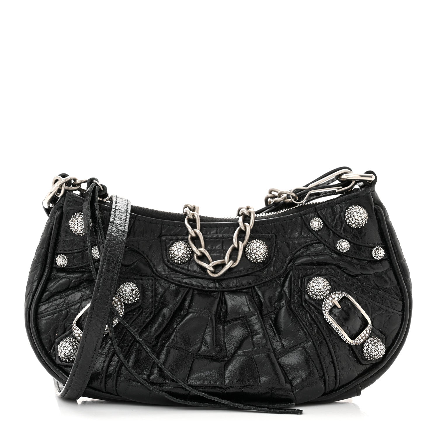 Balenciaga Extra Supple Calfskin Crystal Crocodile Embossed Le Cagole Mini Purse With Chain Black 1 of 12