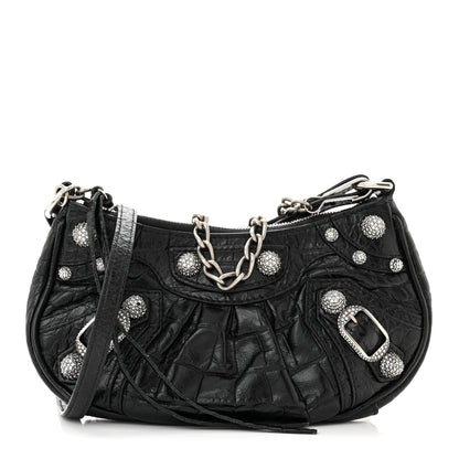 Balenciaga Extra Supple Calfskin Crystal Crocodile Embossed Le Cagole Mini Purse With Chain Black 1 of 12