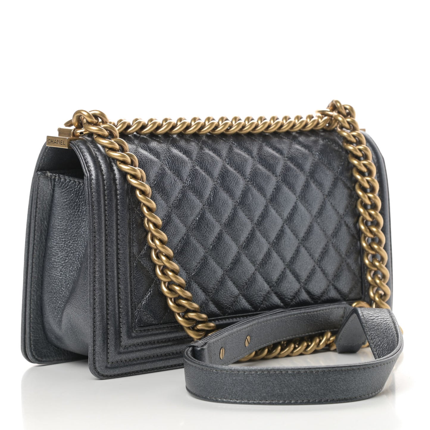 Metallic Calfskin Quilted Medium Boy Flap Dark Grey