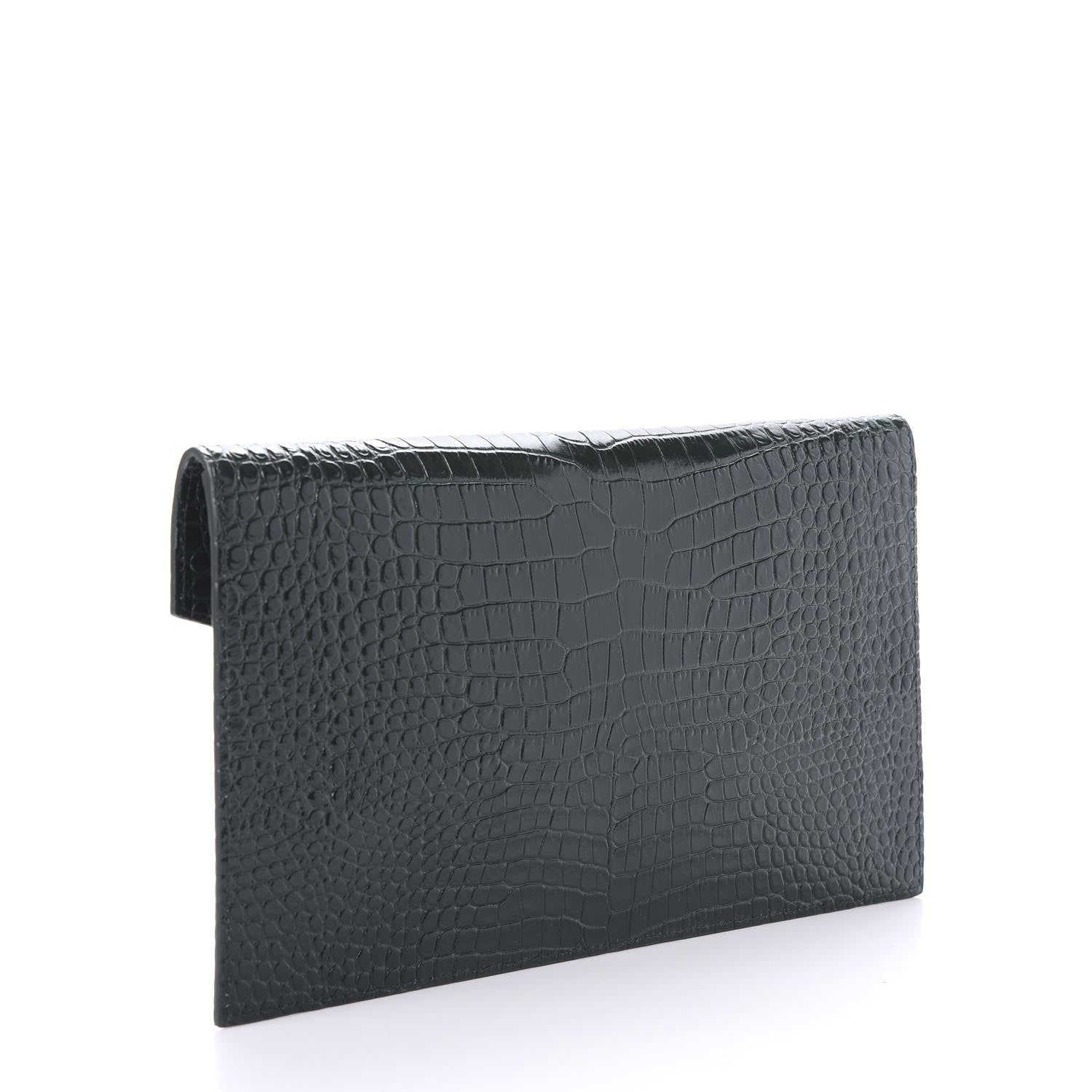 Saint Laurent Calfskin Crocodile Embossed Uptown Monogram Clutch Dark Green 2 of 9