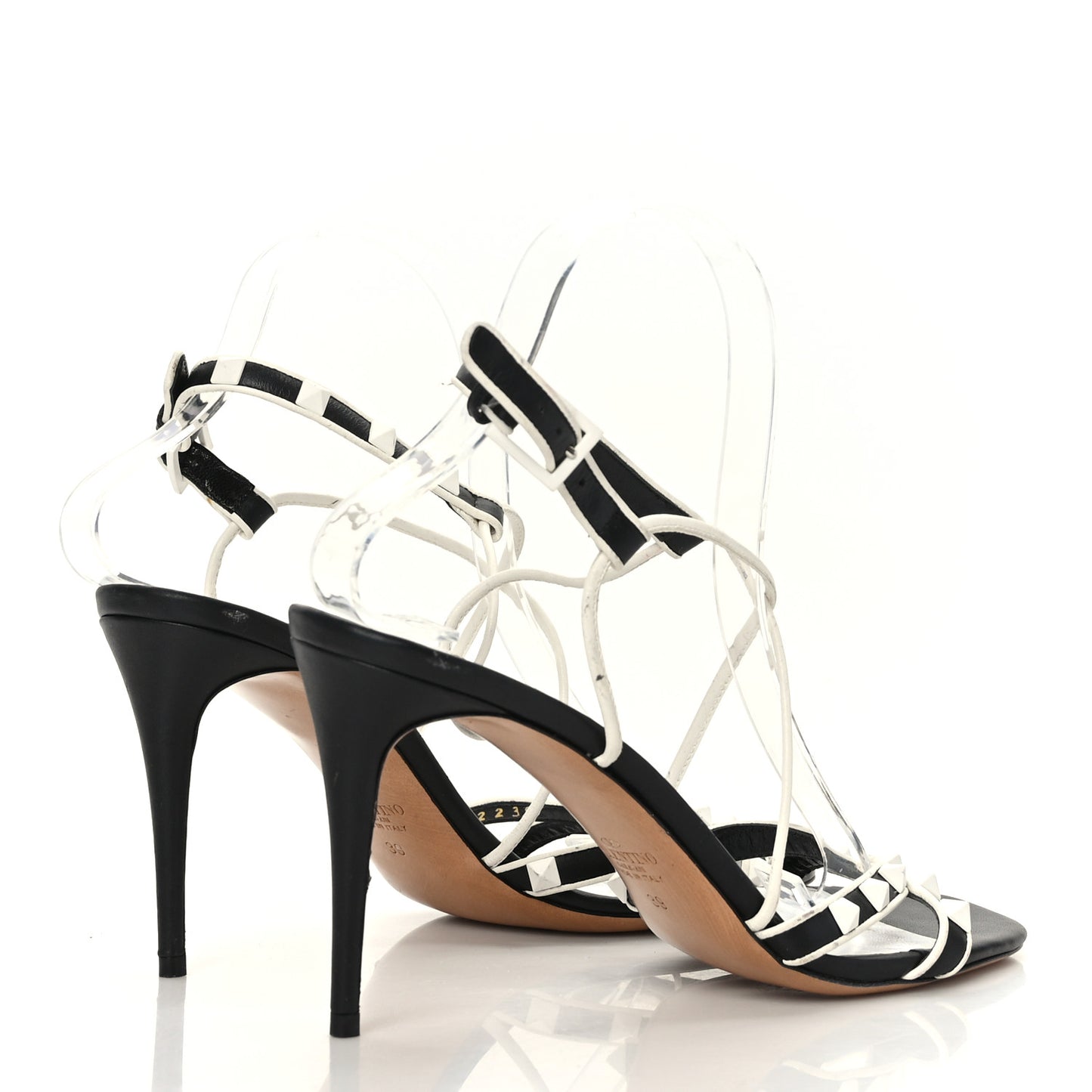 Calfskin Free Rockstud Ankle T-Strap Sandals 39 Black Optic White