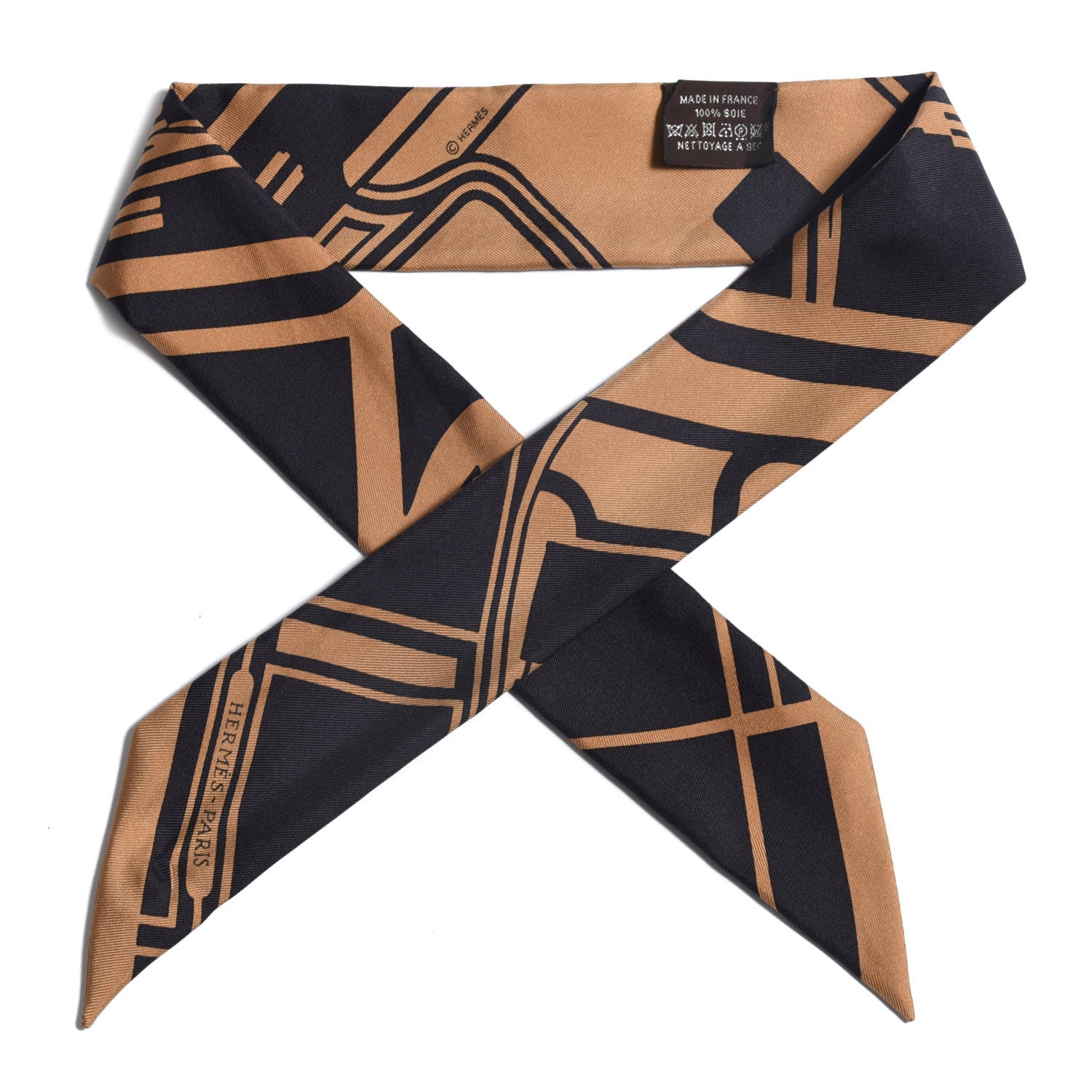 Hermes Silk Les Coupes Tattoo Twilly Black Camel 1 of 4