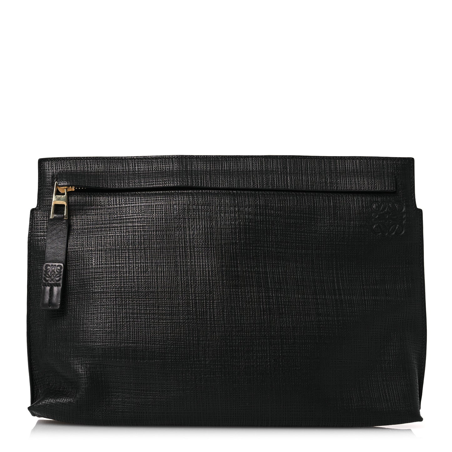 Calfskin Linen Embossed Large T Pouch Black
