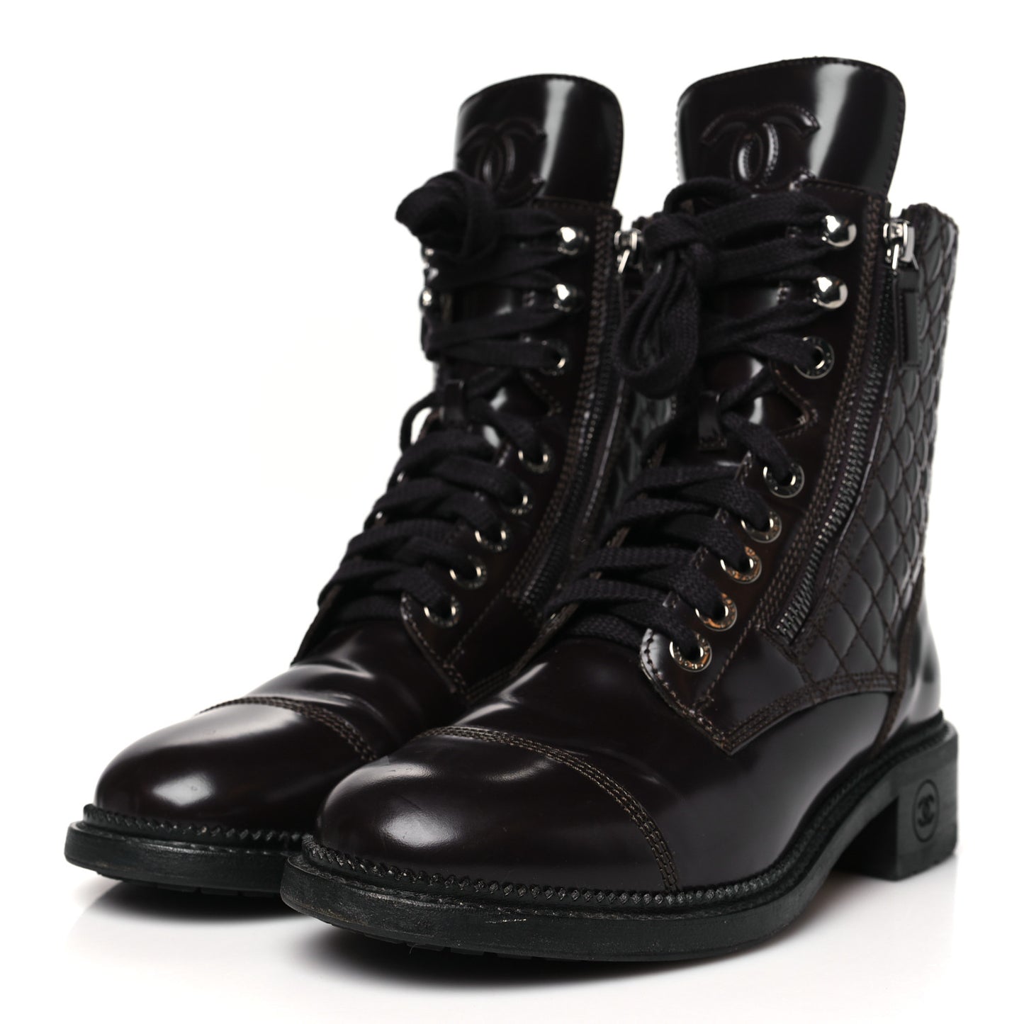 Shiny Calfskin Quilted CC Lace Up Combat Boots 38 Dark Burgundy