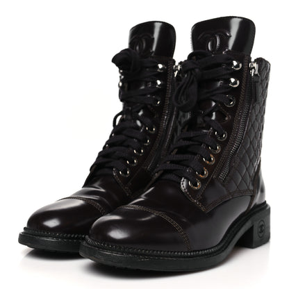 Chanel Shiny Calfskin Quilted CC Lace Up Combat Boots 38 Dark Burgundy 4 of 10