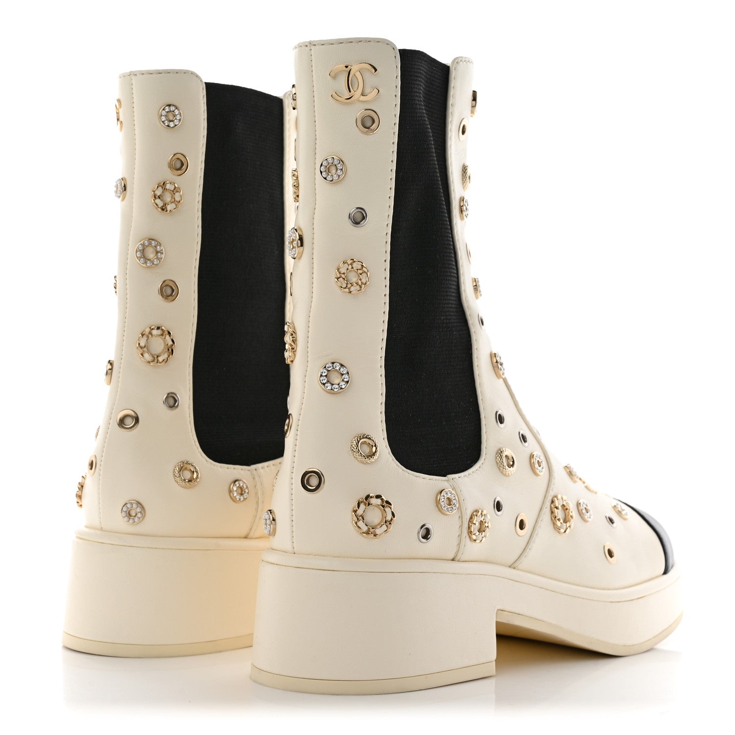 Chanel Lambskin Riveted Cap Toe Short Boots 38 Ivory Black 4 of 10