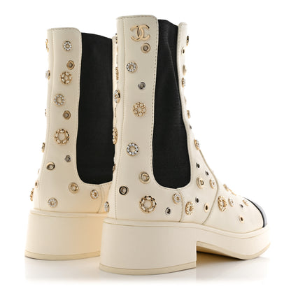 Chanel Lambskin Riveted Cap Toe Short Boots 38 Ivory Black 4 of 10
