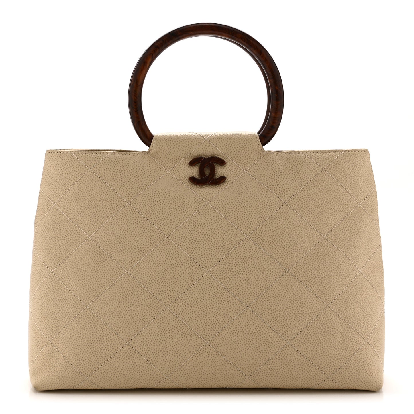 Caviar CC Wood Handle Tote Beige