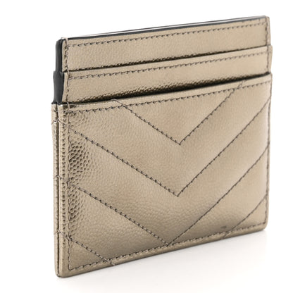 Saint Laurent Metallic Grain De Poudre Matelasse Chevron Monogram Credit Card Case Piombo 3 of 9