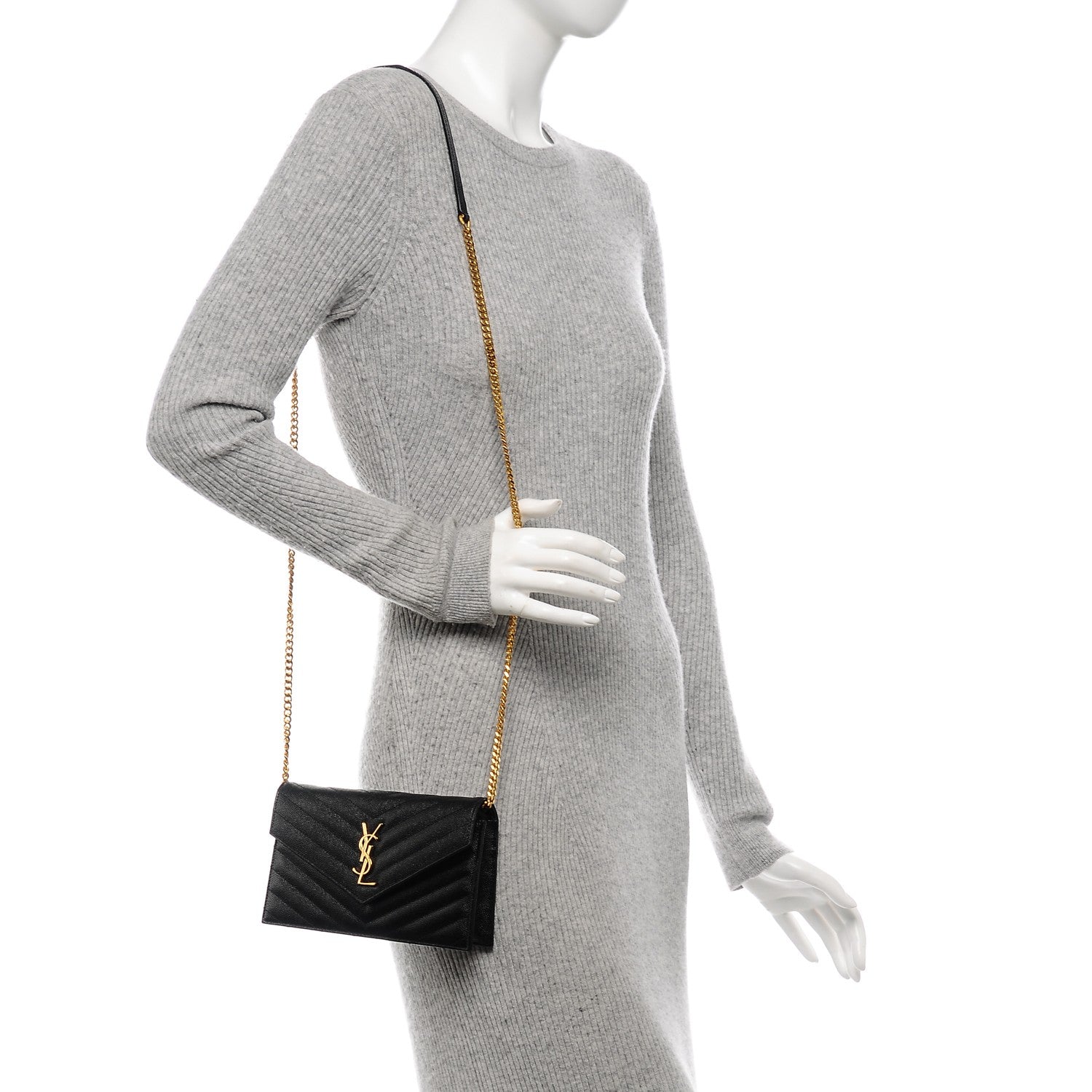 Saint Laurent Grain De Poudre Matelasse Chevron Monogram Envelope Chain Wallet Black 2 of 7