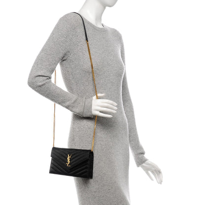 Saint Laurent Grain De Poudre Matelasse Chevron Monogram Envelope Chain Wallet Black 2 of 7