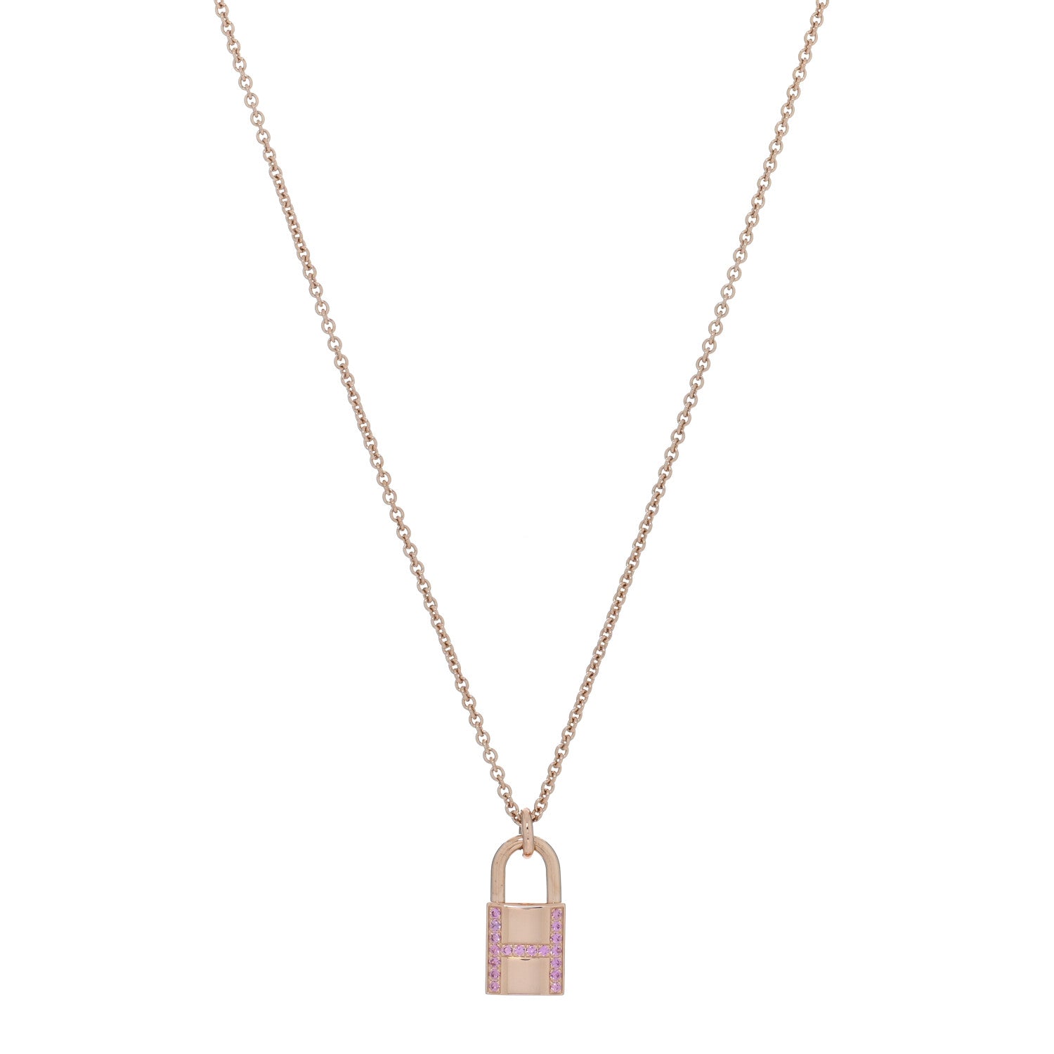 Hermes 18K Rose Gold Pink Sapphire Amulettes Cadenas Pendant Necklace 1 of 6