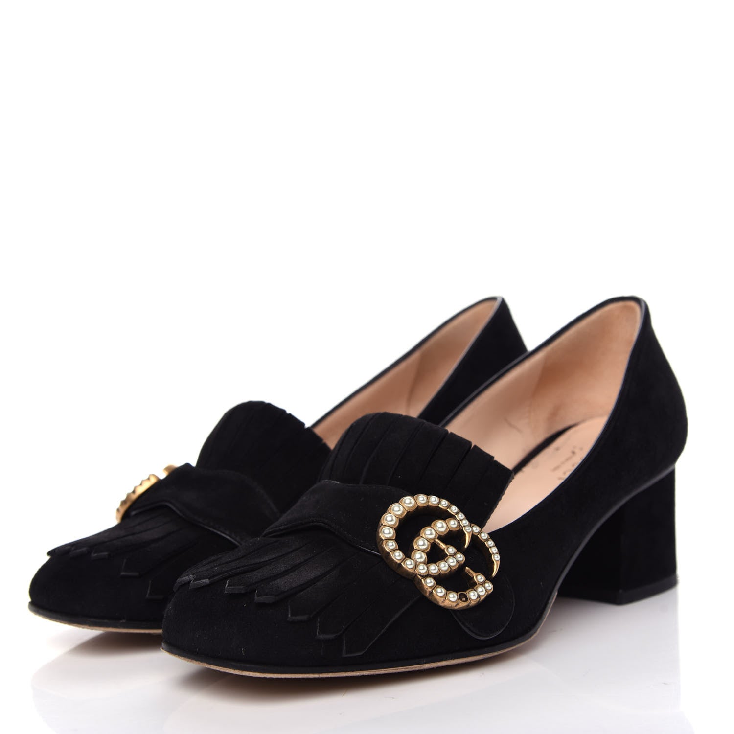 Gucci Kid Scamosciato Pearly GG Marmont Fringe 50mm Loafer Pumps 36 Black 3 of 12