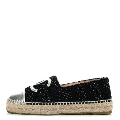 Chanel Metallic Lambskin Tweed CC Espadrilles 35 Black Silver 1 of 11