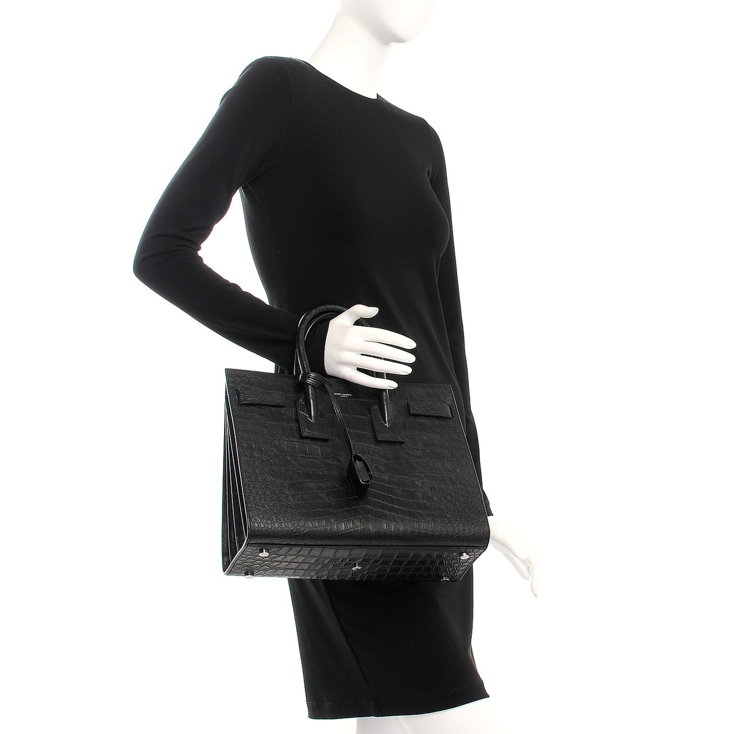 Calfskin Crocodile Embossed Small Sac de Jour Black