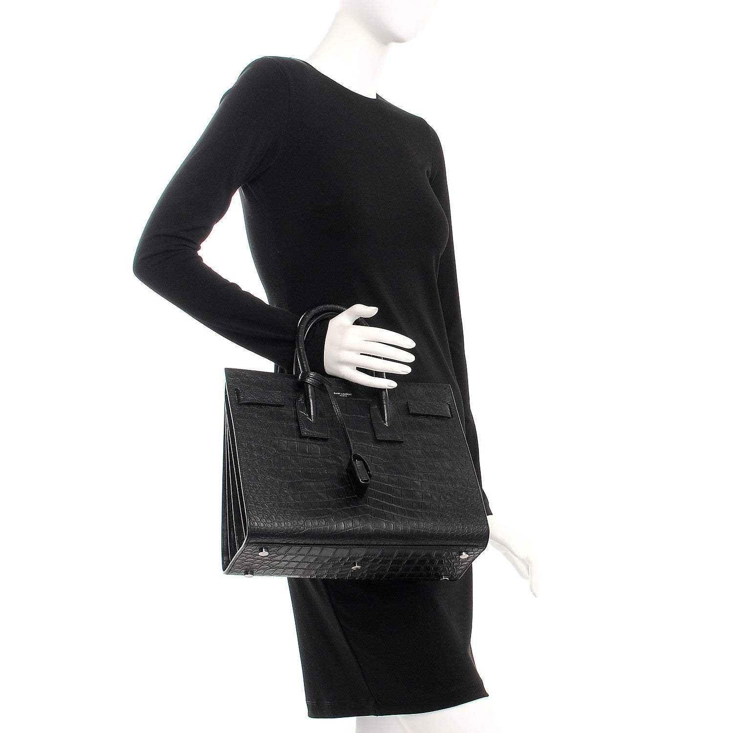 Saint Laurent Calfskin Crocodile Embossed Small Sac de Jour Black 3 of 8