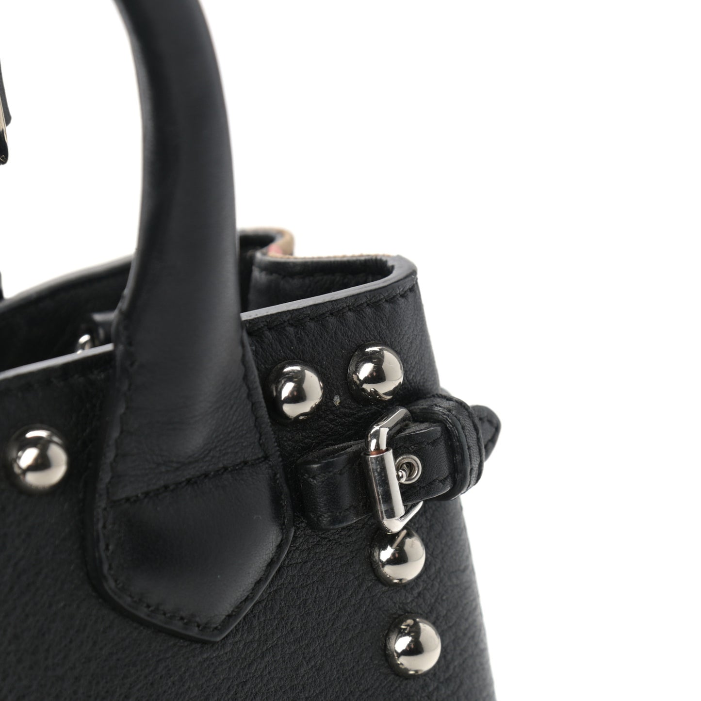 Pebbled Calfskin House Check Studded Baby Banner Tote Black