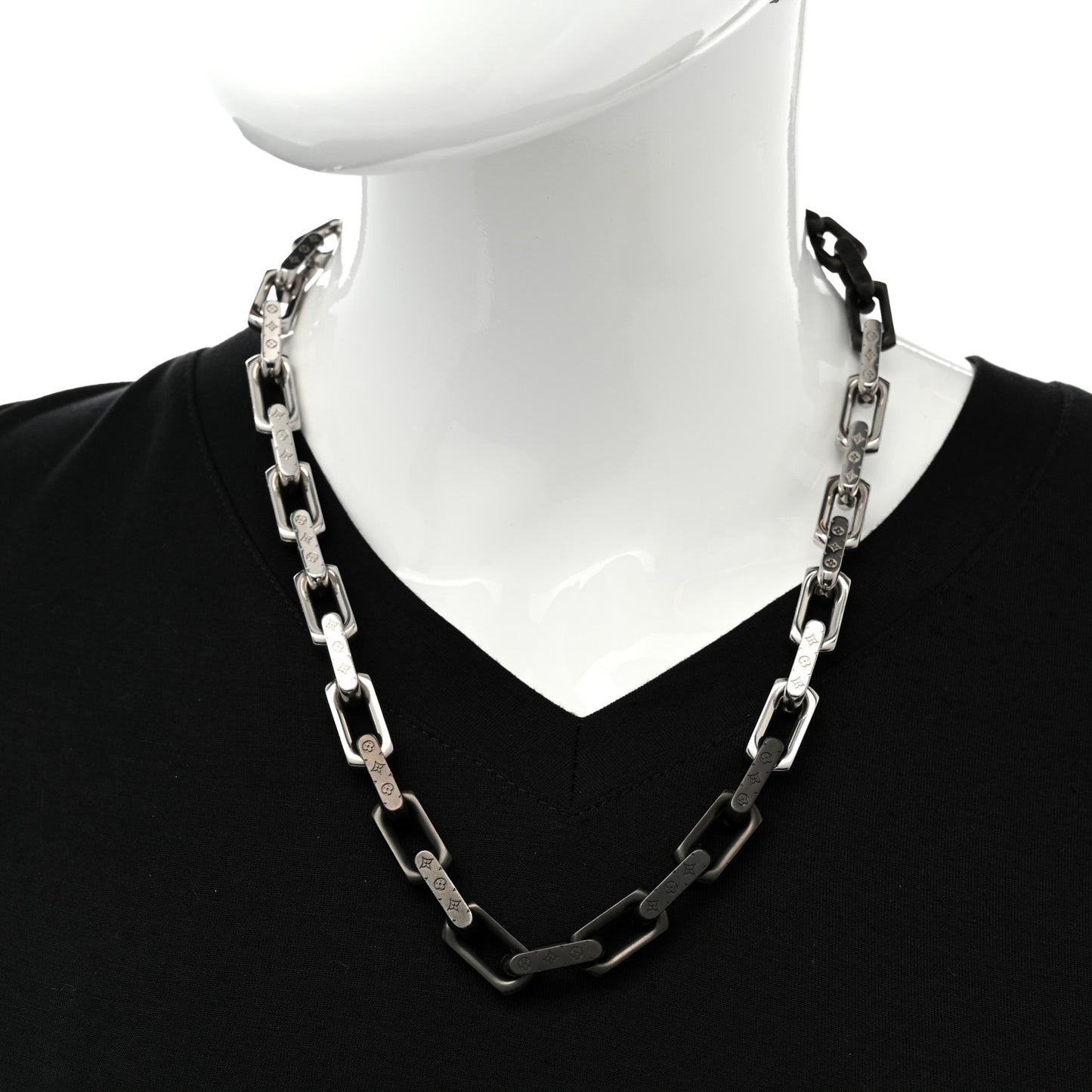 Metal Engraved Monogram Chain Necklace Silver Black