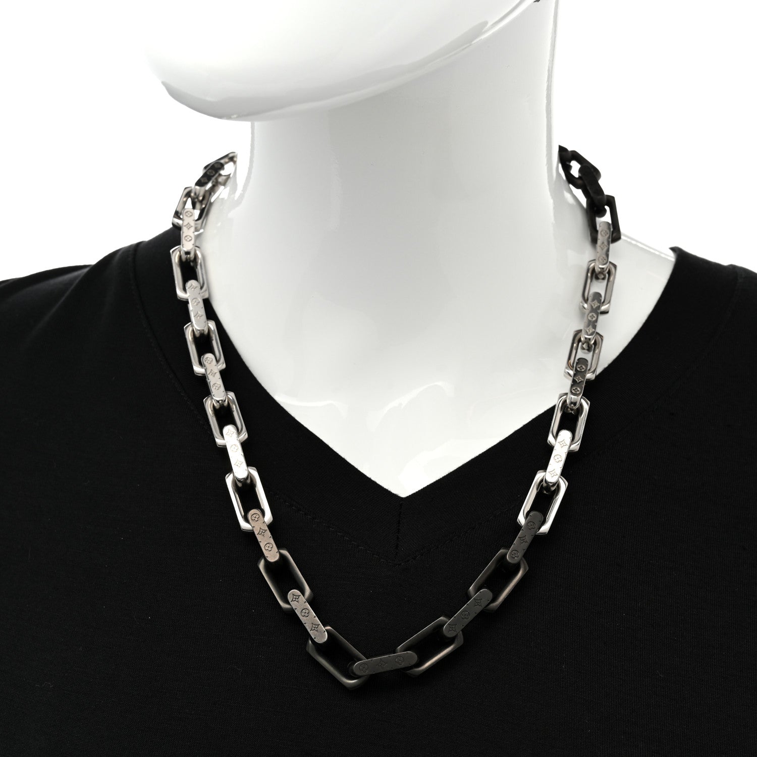 Louis Vuitton Metal Engraved Monogram Chain Necklace Silver Black 2 of 6