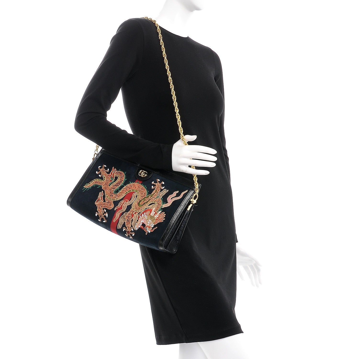 Gucci Suede Patent Web Dragon Embroidered Medium Ophidia Chain Shoulder Bag Blue Multicolor Black 2 of 7