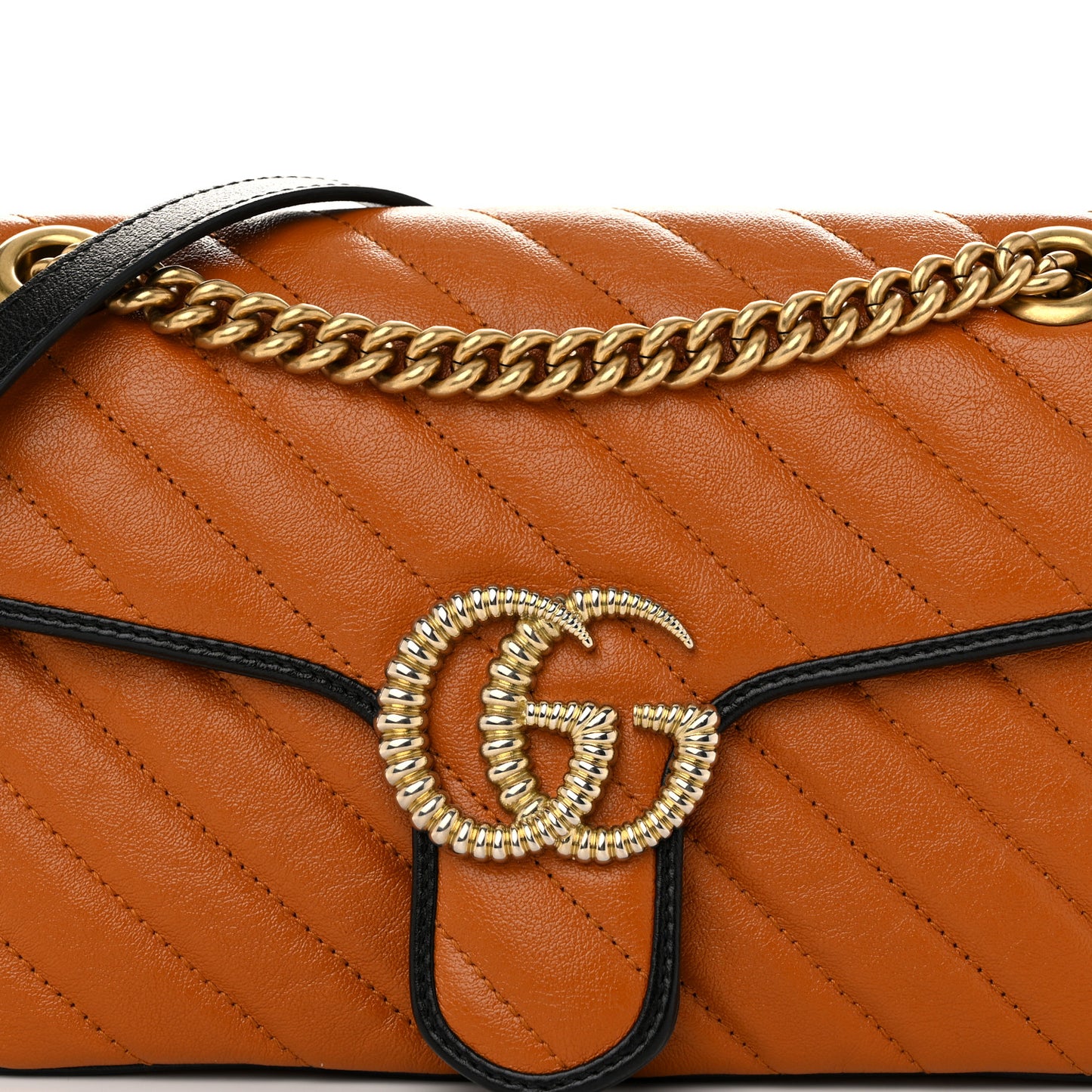 Vintage Effect Calfskin Matelasse Diagonal Small Torchon GG Marmont Shoulder Bag Cognac Black