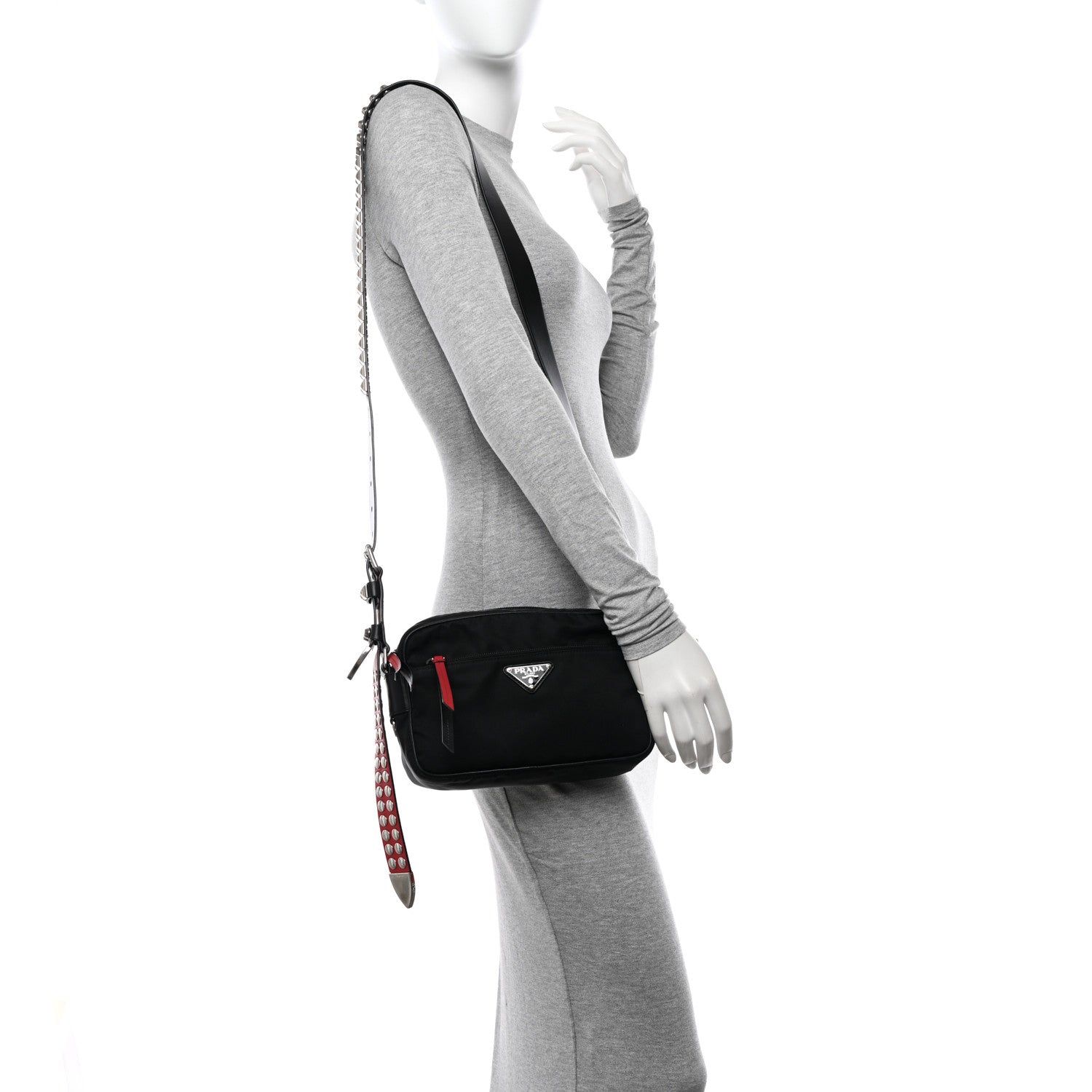 Prada Tessuto Nylon Studded New Vela Shoulder Bag Black Fuoco 2 of 9