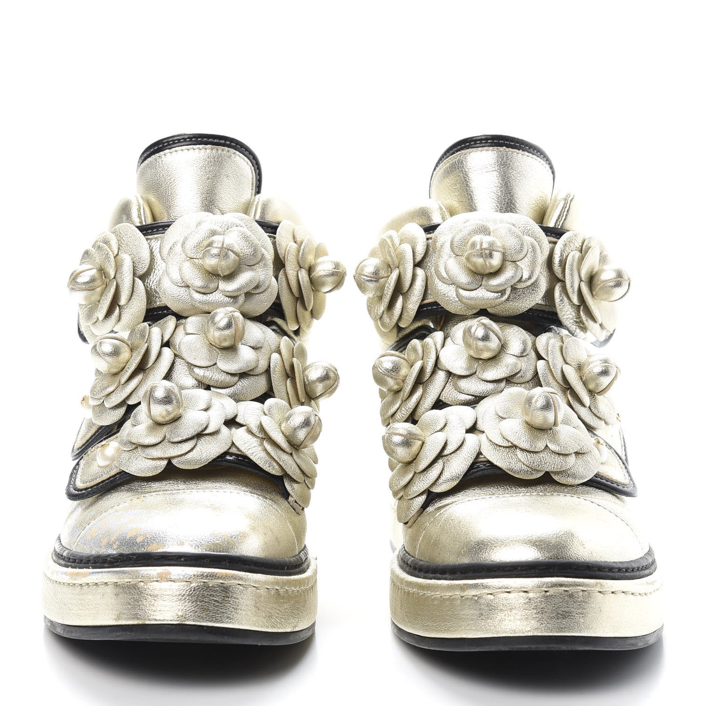 Metallic Lambskin Camellia High Top Sneakers 39 Gold