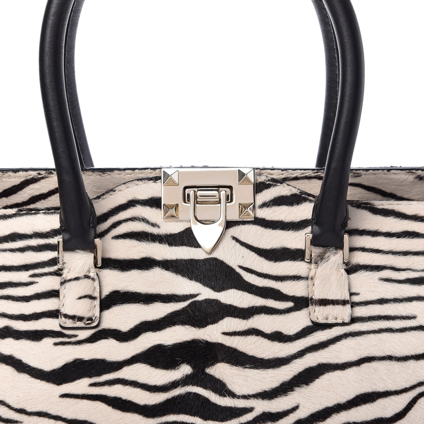 Pony Hair Zebra Rockstud Double Handle Tote Black Ivory
