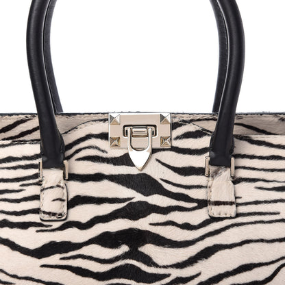 Valentino Garavani Pony Hair Zebra Rockstud Double Handle Tote Black Ivory 12 of 15