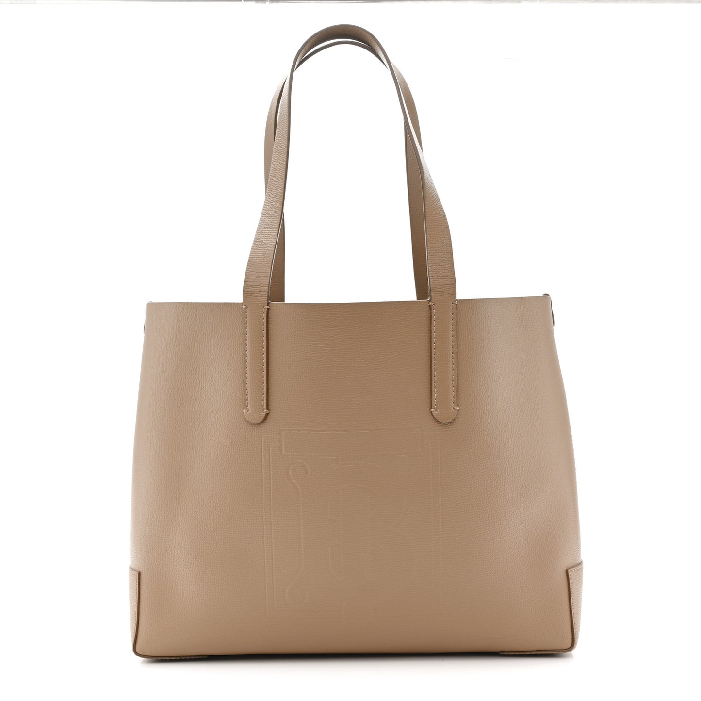 Calfskin TB Motif Embossed Medium Tote Camel