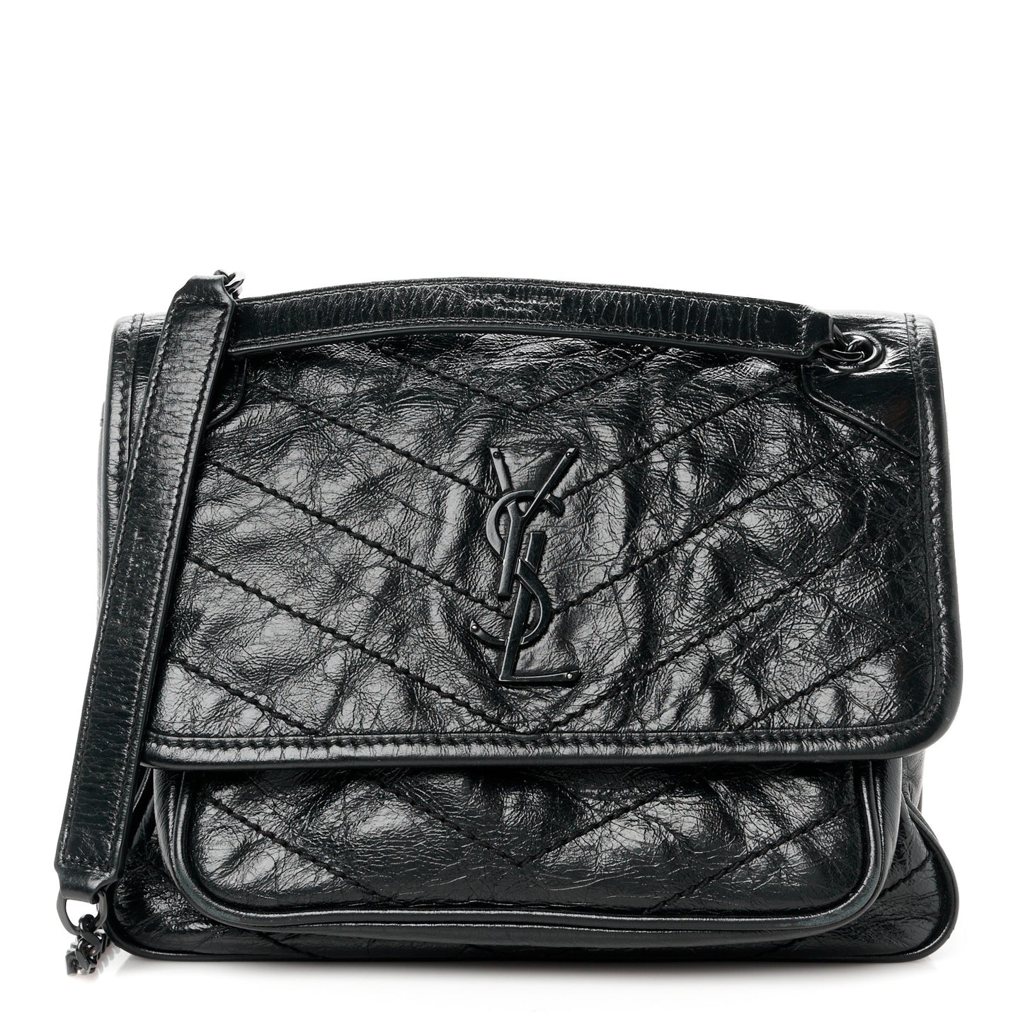 Crinkled Calfskin Matelasse Monogram Baby Niki Chain Satchel Black