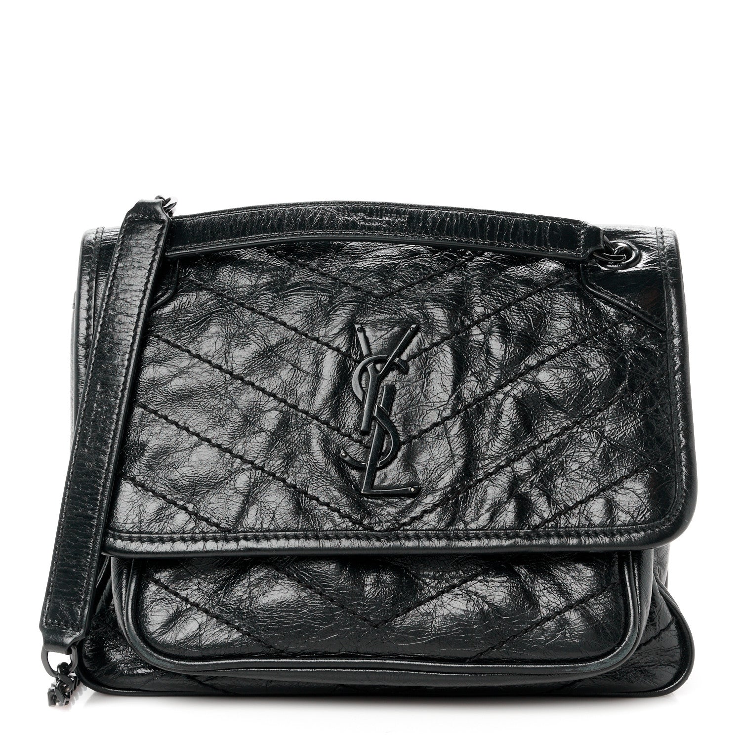 Saint Laurent Crinkled Calfskin Matelasse Monogram Baby Niki Chain Satchel Black 1 of 11