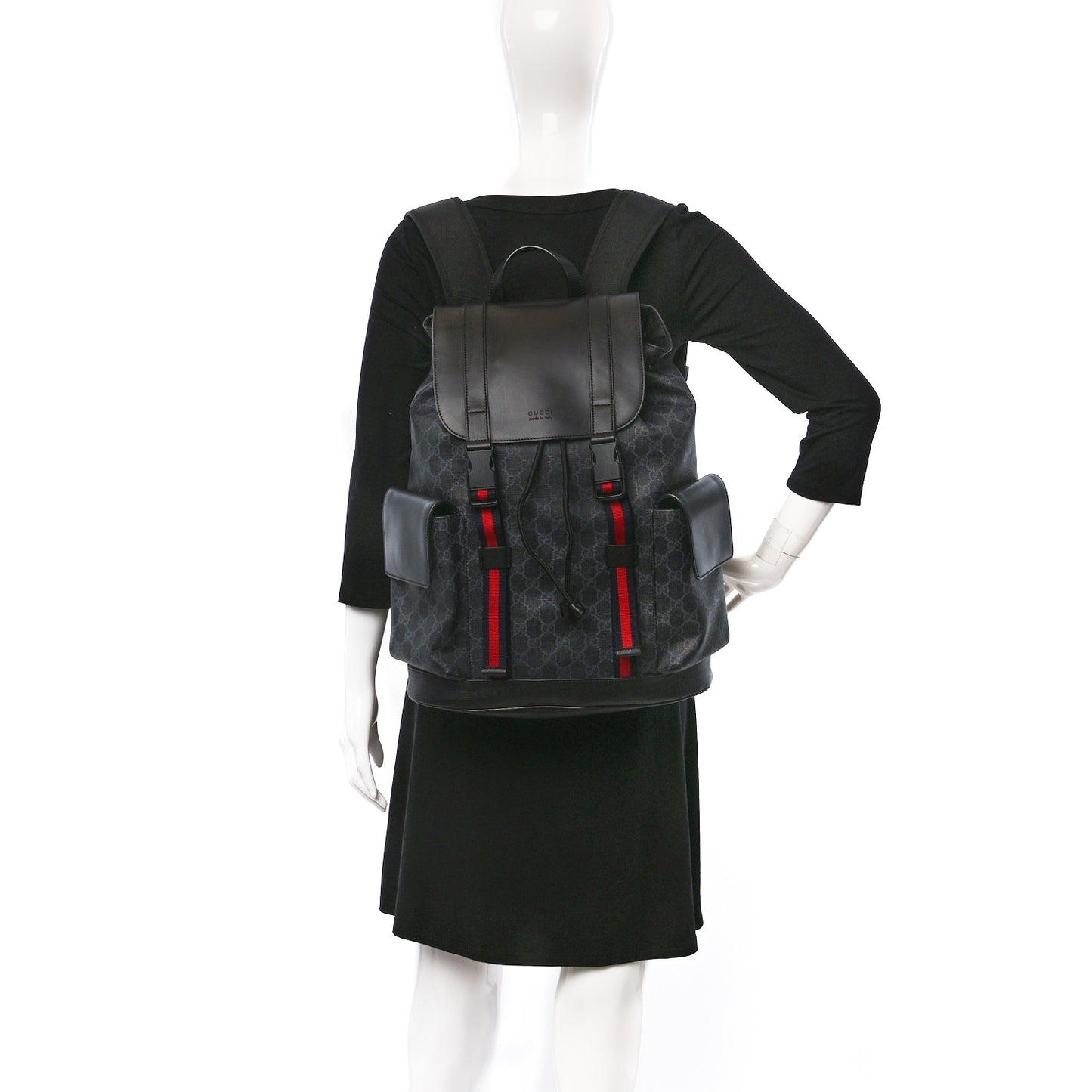 Soft GG Supreme Monogram Appia Calfskin Web Double Buckle Backpack Black