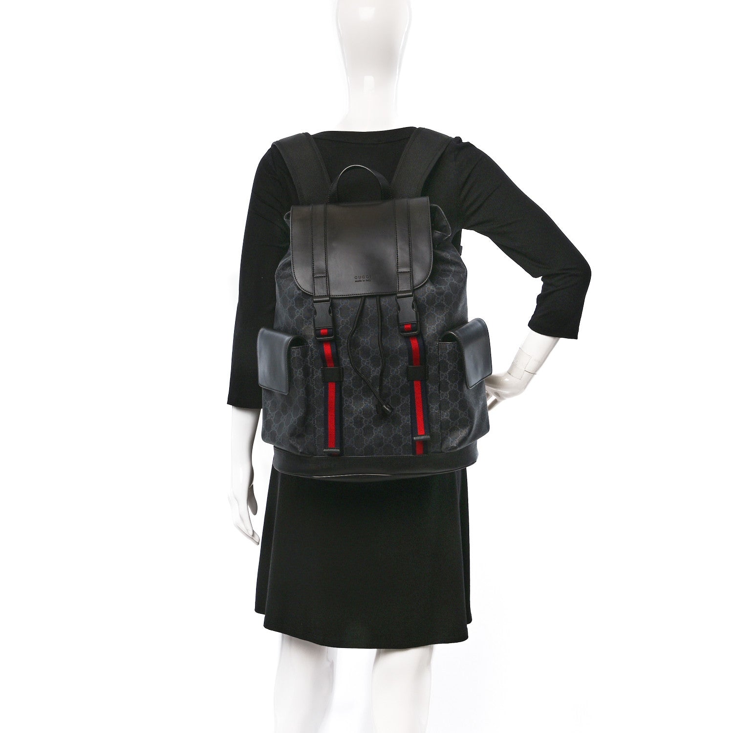 Gucci Soft GG Supreme Monogram Appia Calfskin Web Double Buckle Backpack Black 2 of 9