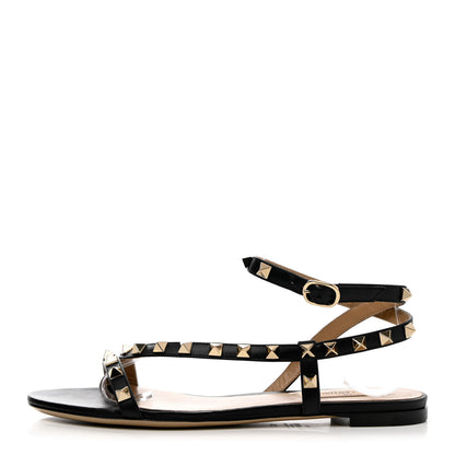 Valentino Garavani Calfskin Rockstud Cross Ankle Wrap 5mm Sandals 36 Black 1 of 11