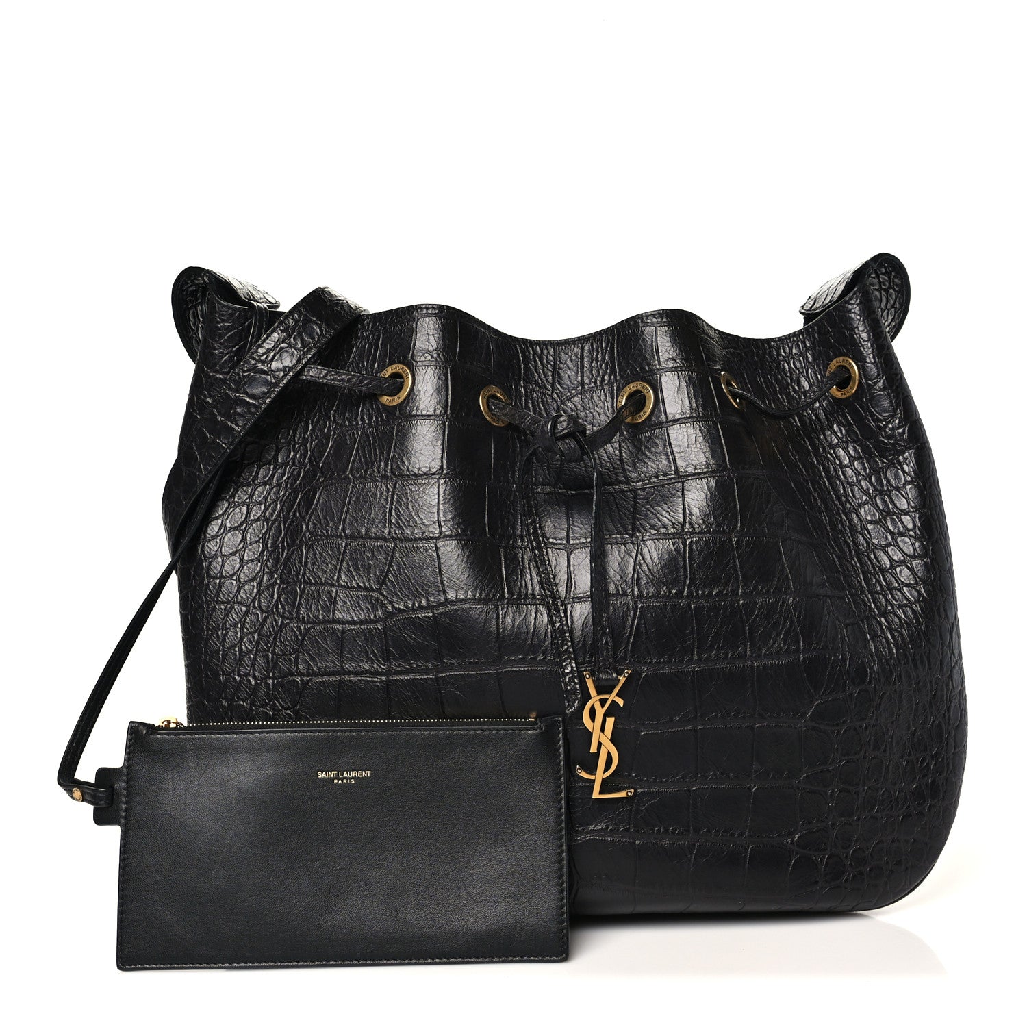 Saint Laurent Calfskin Crocodile Embossed Paris VII Large Flat Hobo Black 3 of 11