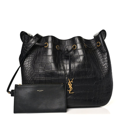 Saint Laurent Calfskin Crocodile Embossed Paris VII Large Flat Hobo Black 3 of 11