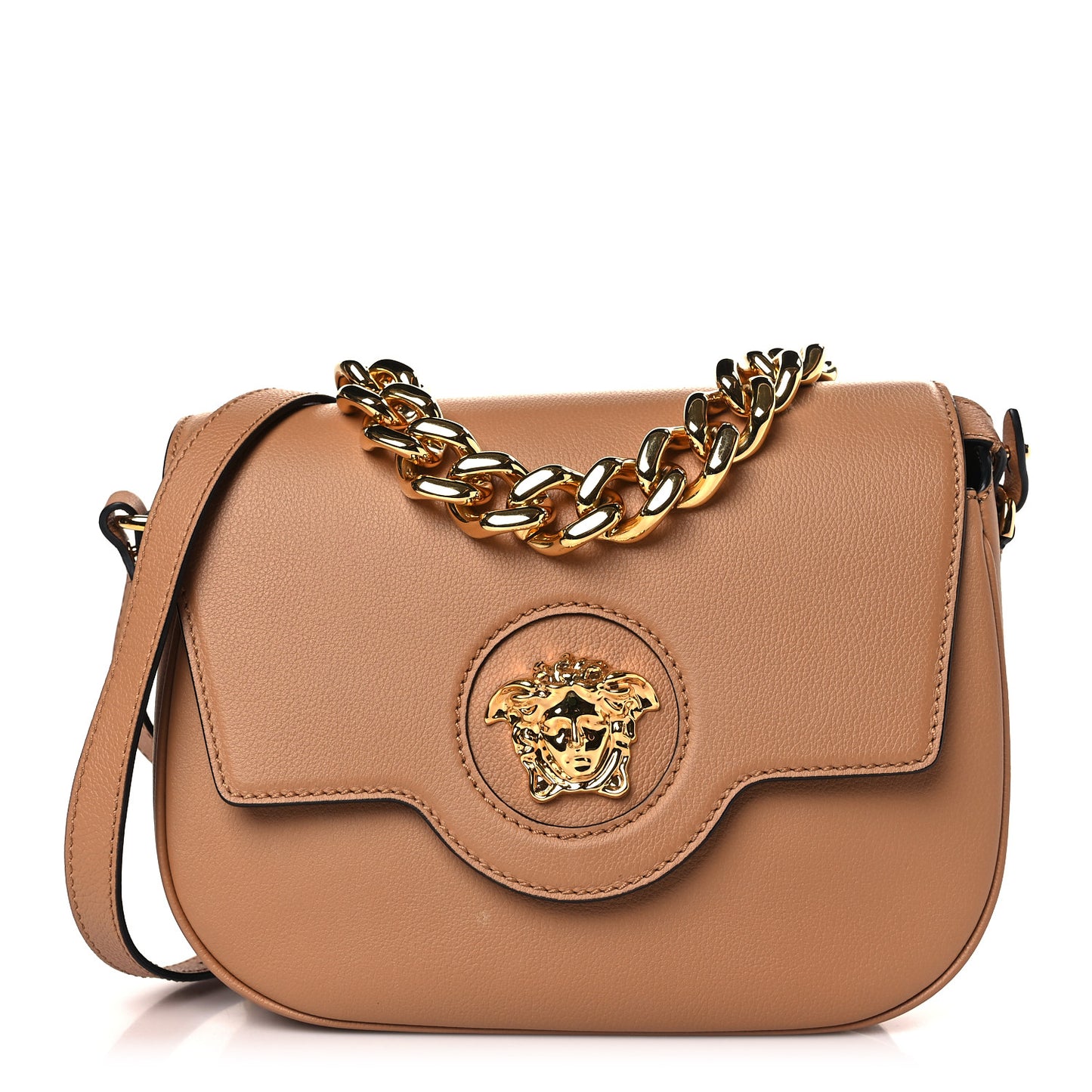 Grained Calfskin La Medusa Chain Clutch Bag Brown