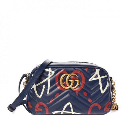 Gucci Calfskin Matelasse GucciGhost Small GG Marmont Chain Shoulder Bag Blue Agata Hibiscus Red 2 of 9