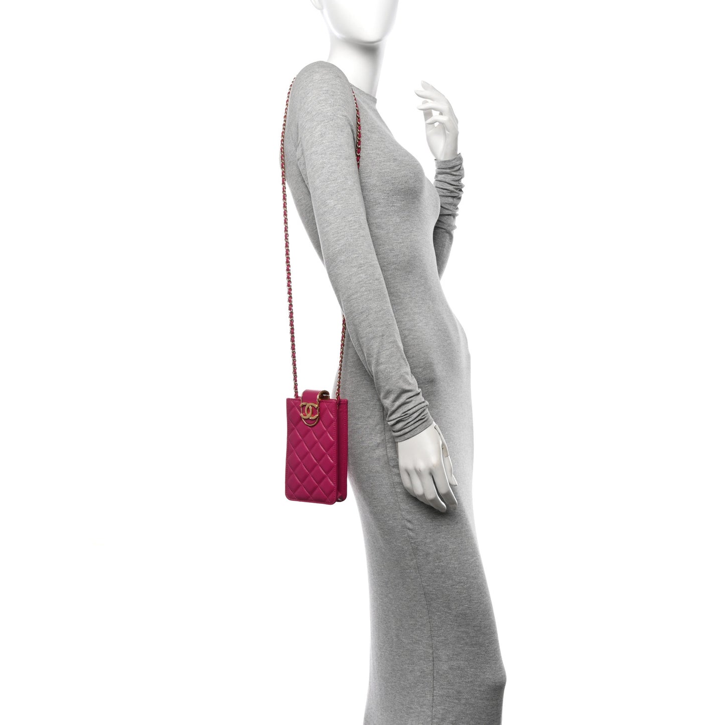 Lambskin Quilted Phone Holder With Chain Fuchsia