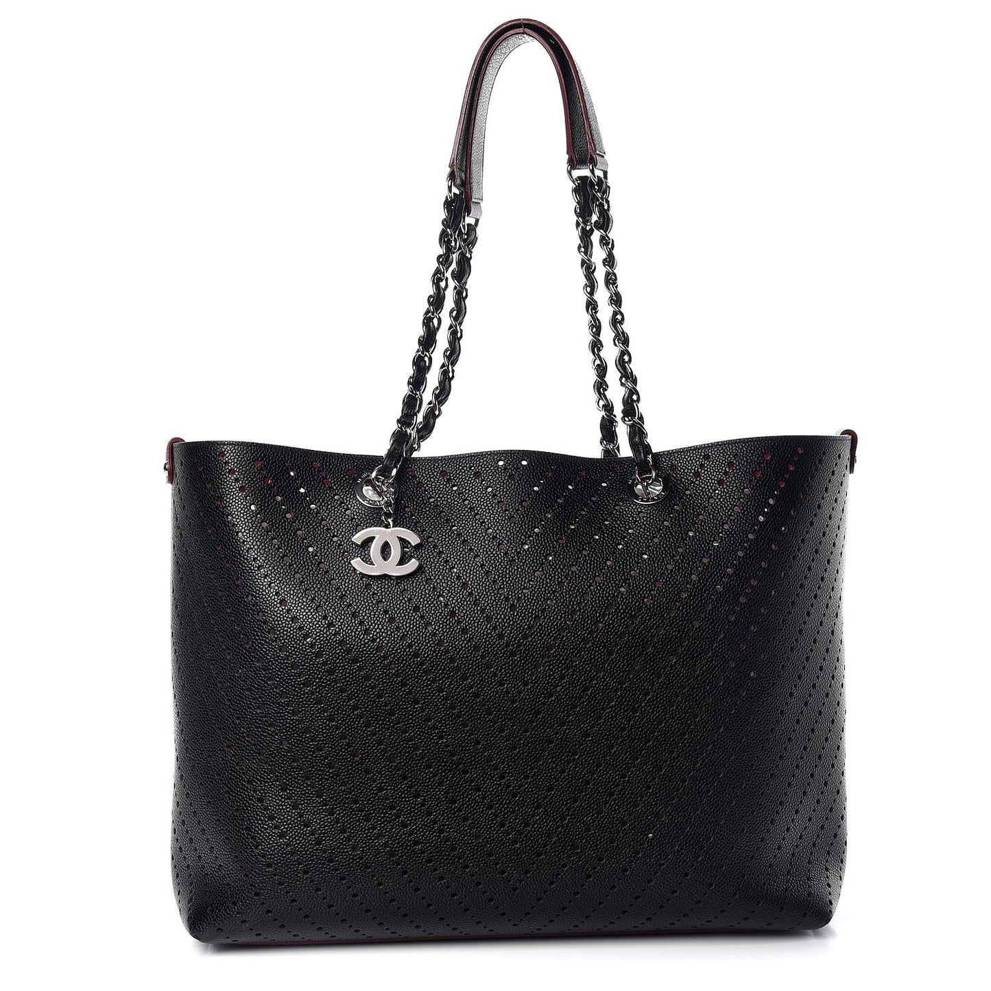 Perforated Grained Calfskin Large Shopping Tote Black
