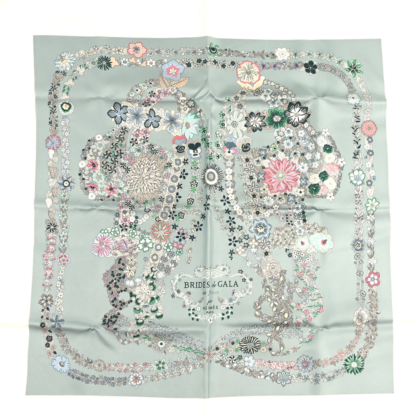 Silk Brides De Gala En Fleurs Scarf 90 White Bleu Glacier Vert