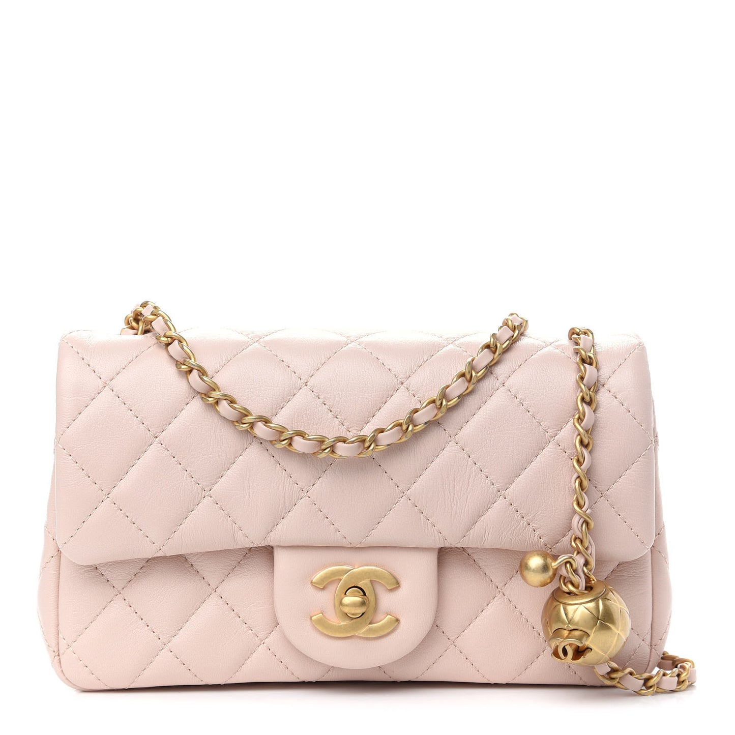 Lambskin Quilted Mini Rectangular Pearl Crush Flap Light Beige