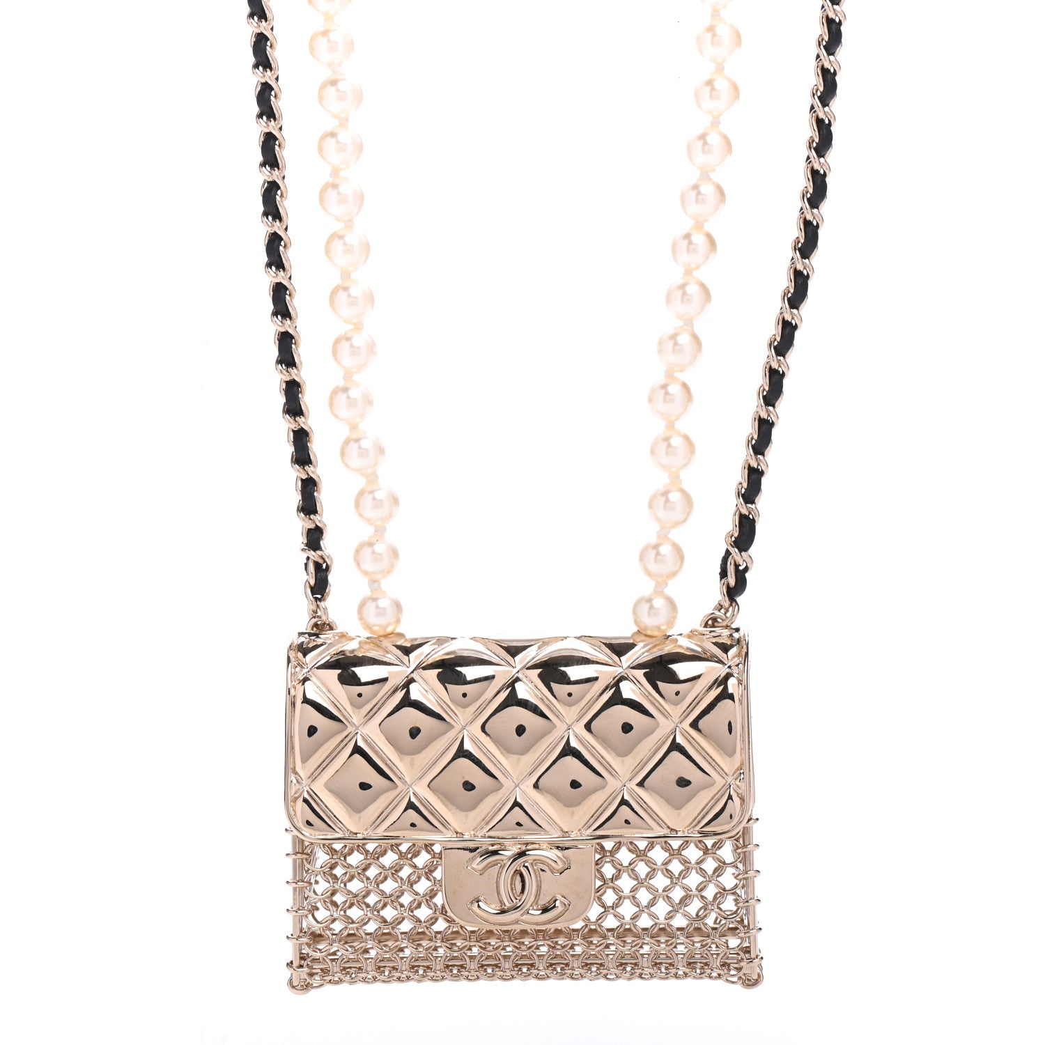 Chanel Metal Lambskin Pearl Chain Flap Bag Long Necklace Gold Black Pearly White 1 of 5