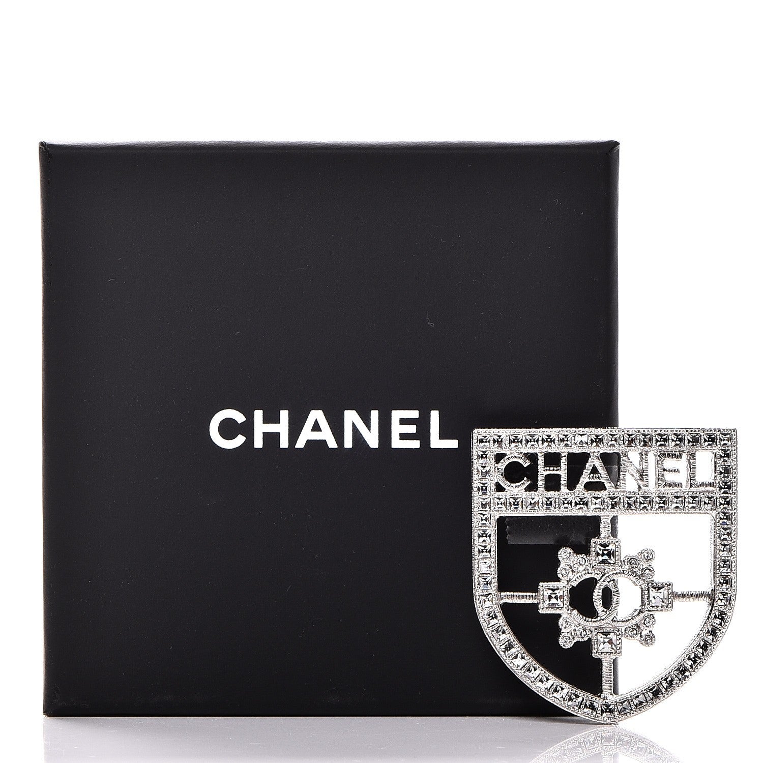 Chanel Swarovski Baguette Crystal CC Shield Brooch Silver 5 of 5