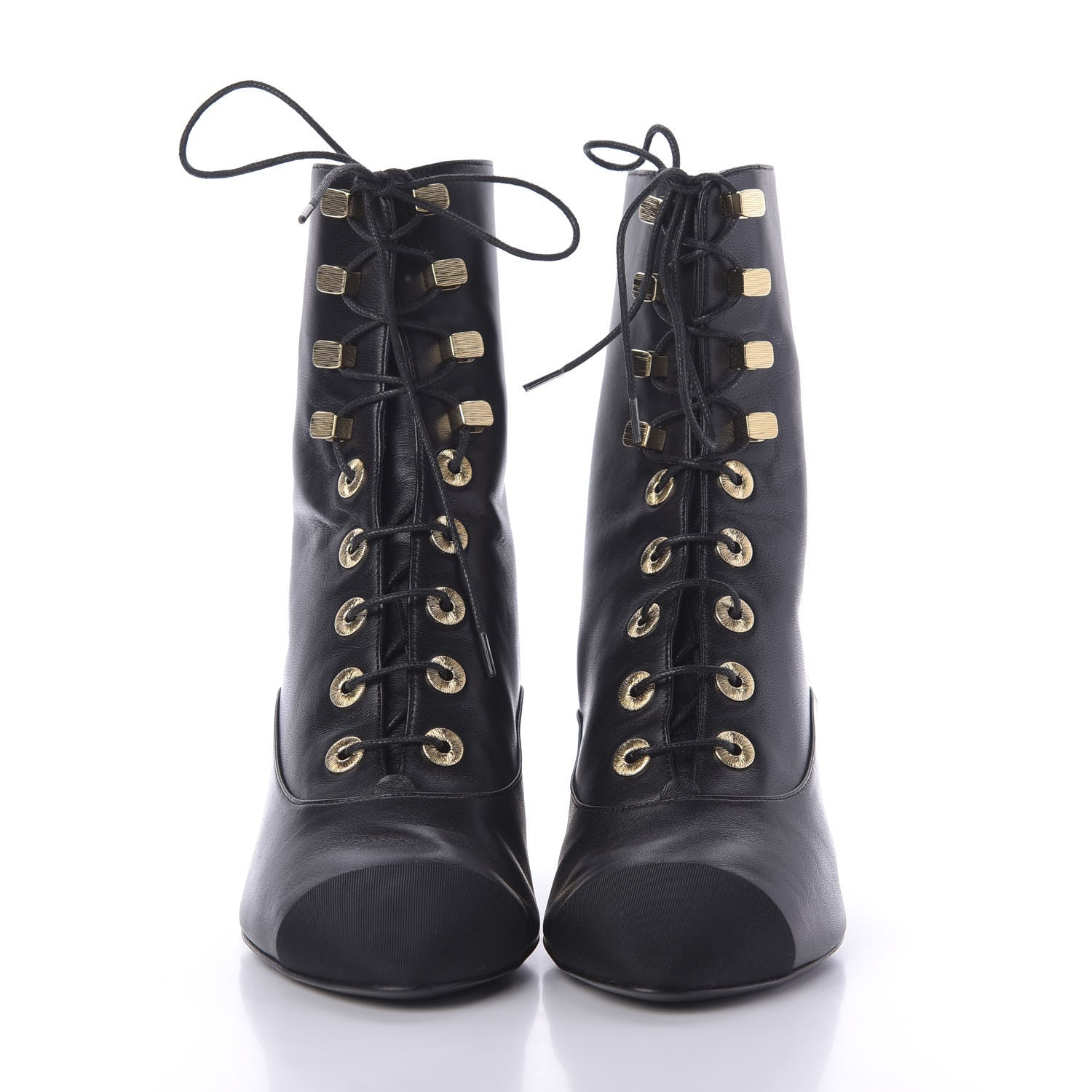 Chanel Lambskin Grosgrain Cap Toe Egyptian Amulet CC Lace Up Boots 37 Black 3 of 9