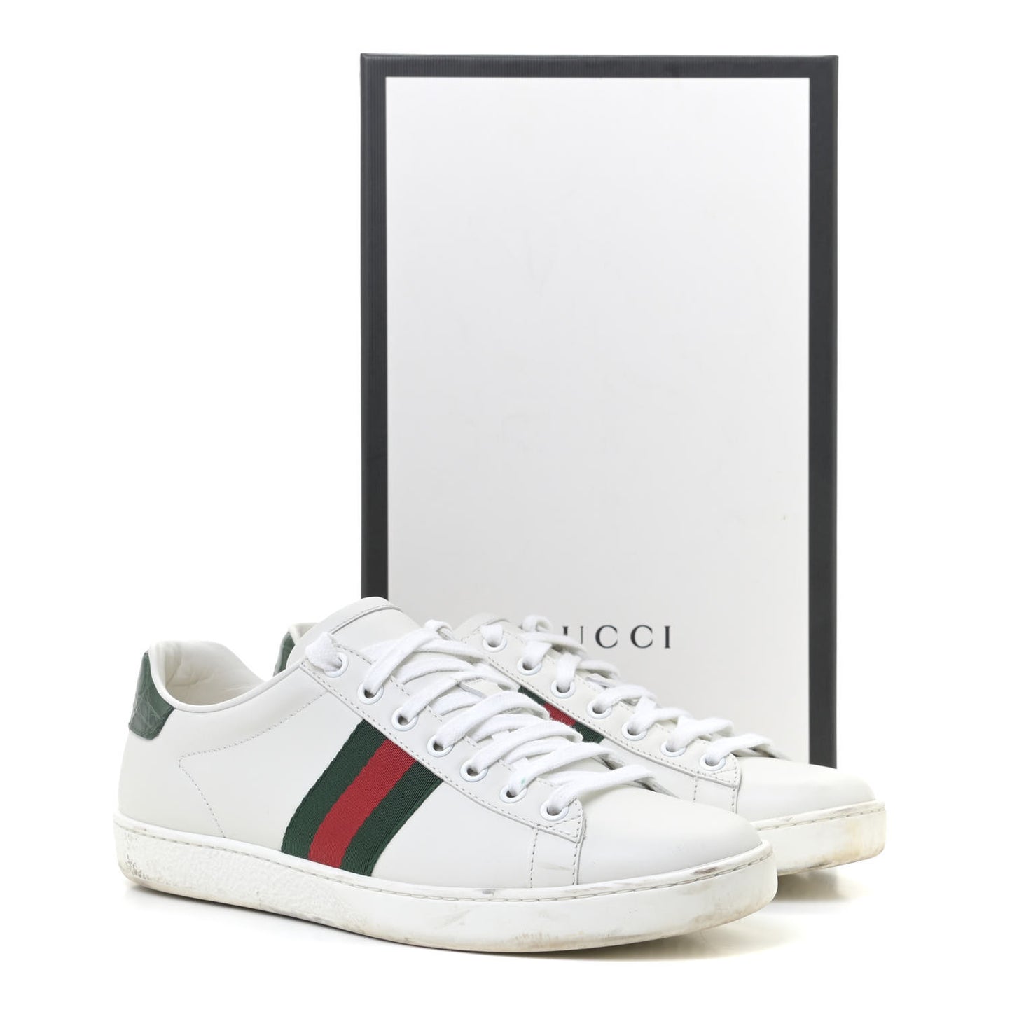Calfskin Crocodile Web Womens Ace Sneakers 38 White Green