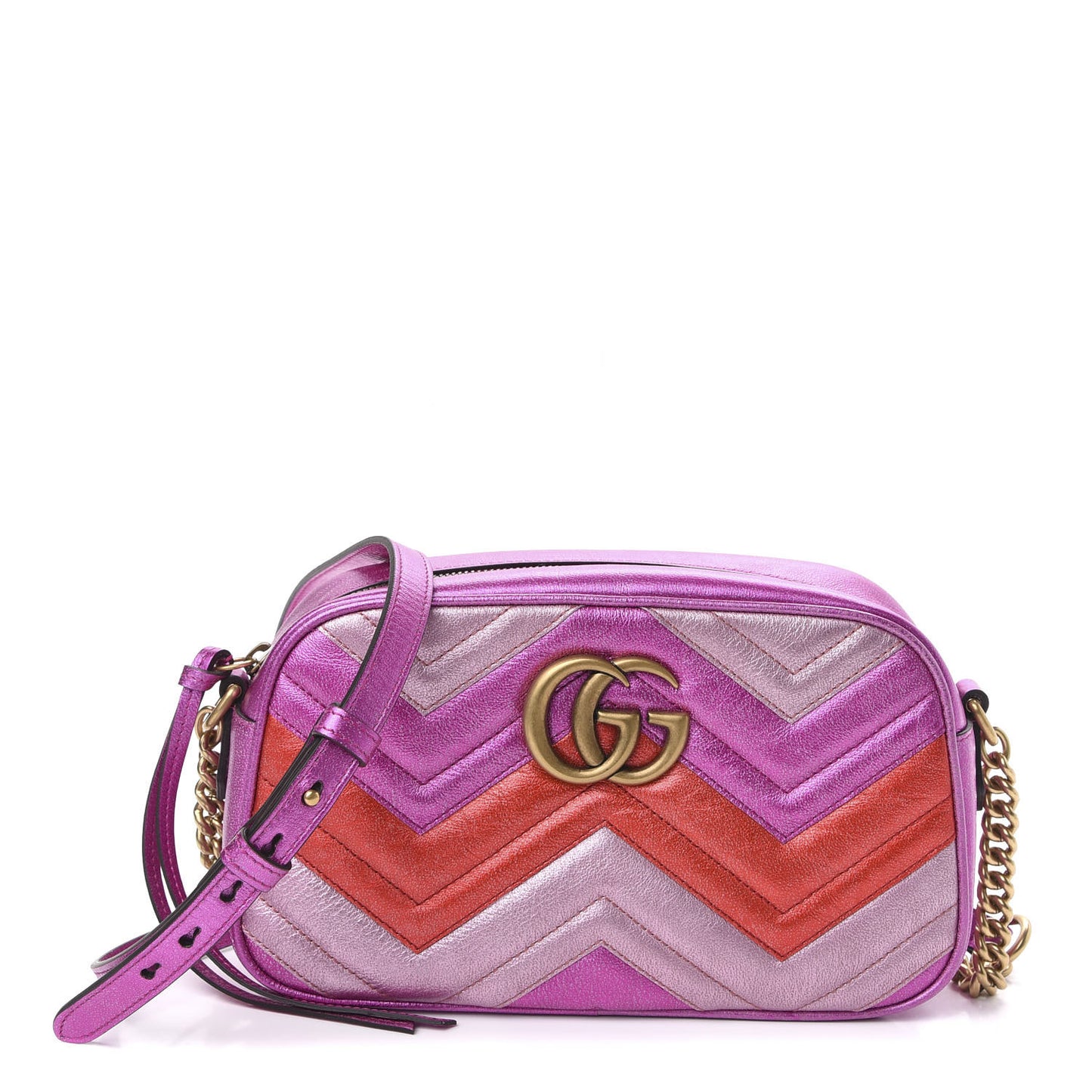 Laminated Nappa Matelasse Small GG Marmont Chain Shoulder Bag Fuxia Rosso Rosa